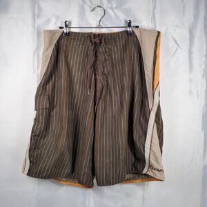 RS Surf Board Shorts Brown Tan Orange Stripe 1 Pocket Swim Trunk Men Sz 36